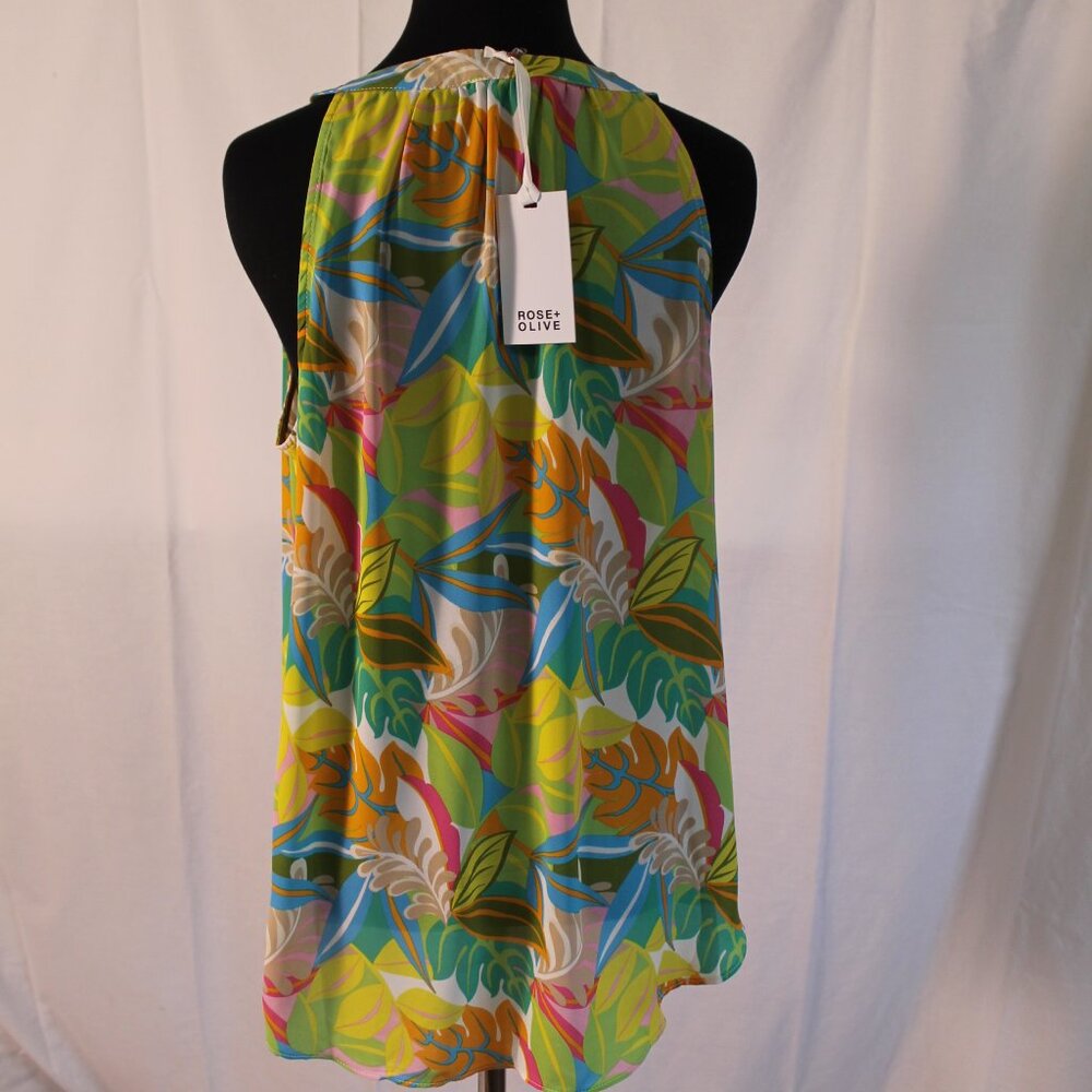 NWT Rose + Olive Sheer Tropical Print Sleeveless Summer Blouse, Large - Picture 4 of 10